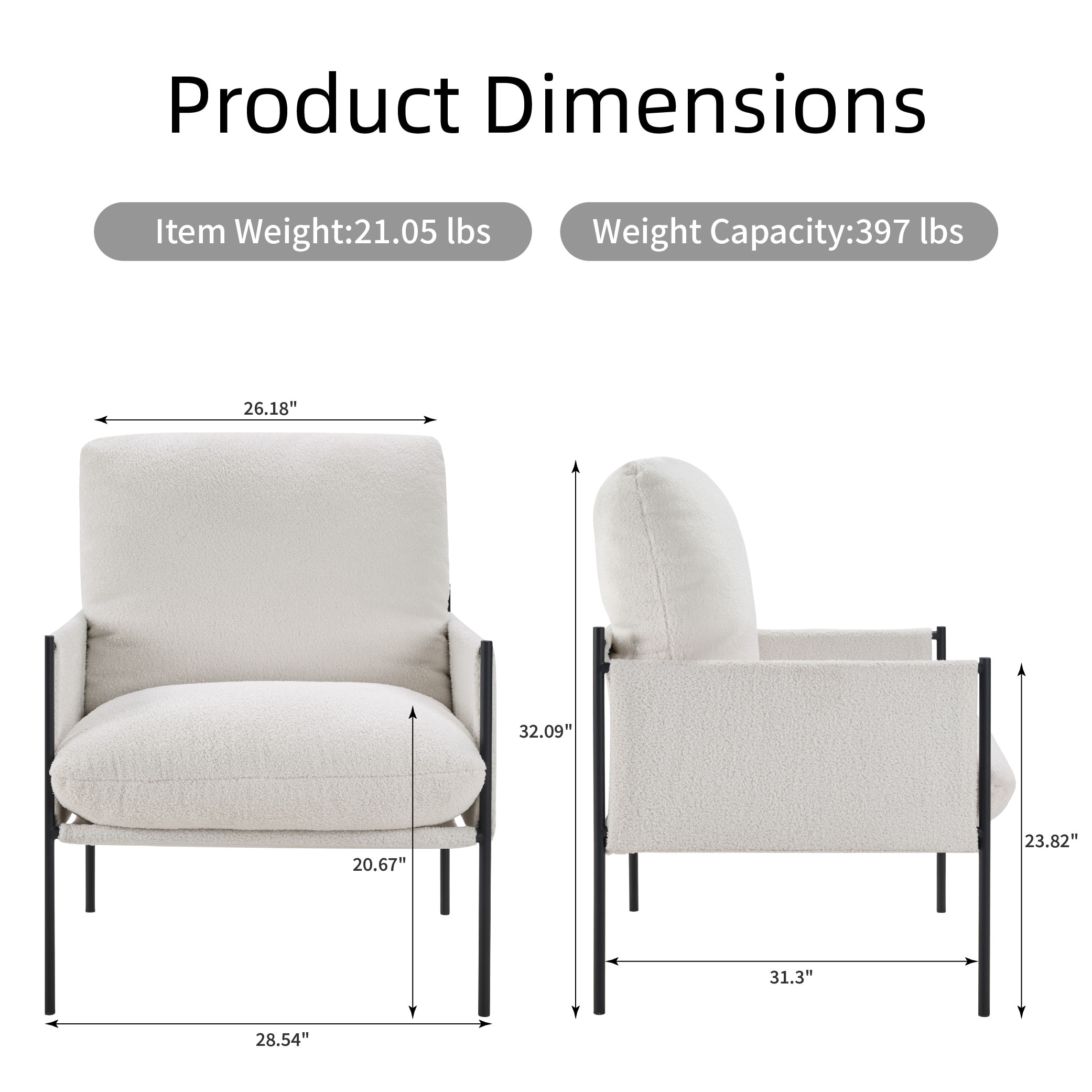 Modern Accent Chair, Comfy Chair With Removable Cushion, Vanity Chair With Wood Armrests For Living Room, Bedroom, White_voghion.com